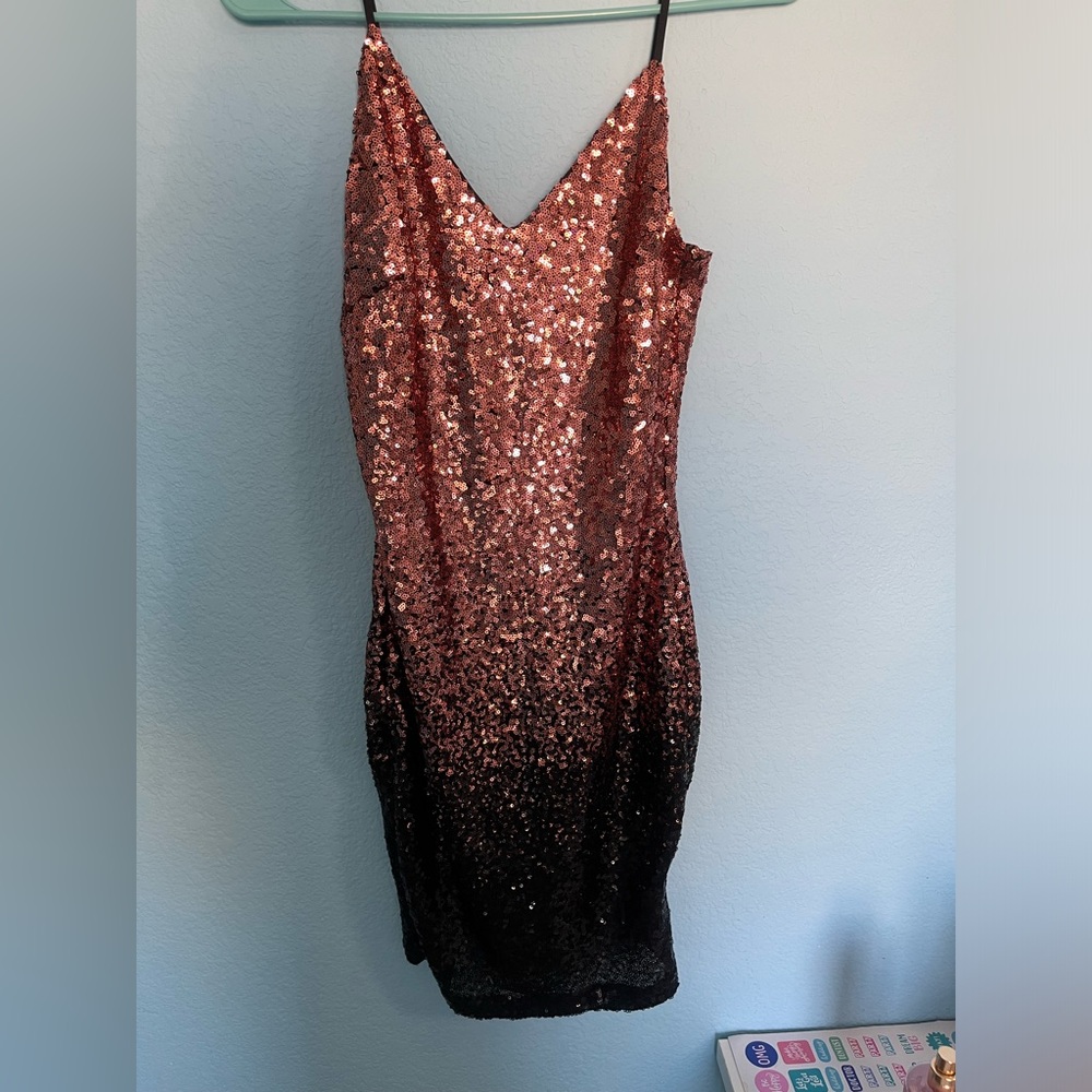 rose gold and black, sequin mini dress